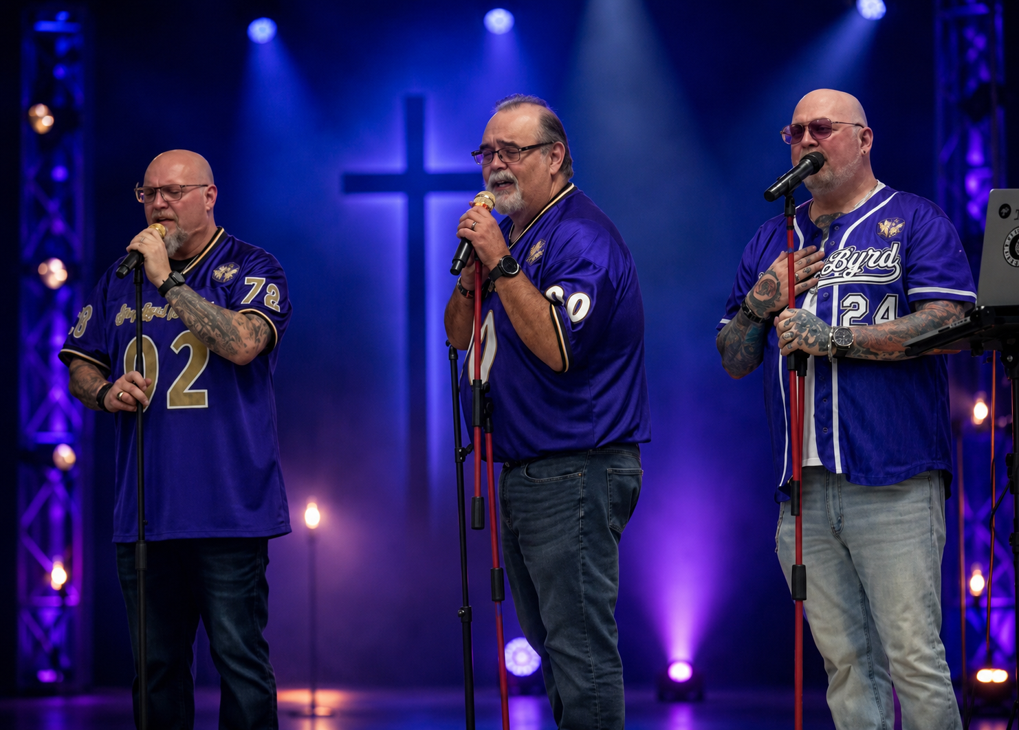 Worship performers on stage with hands raised in praise