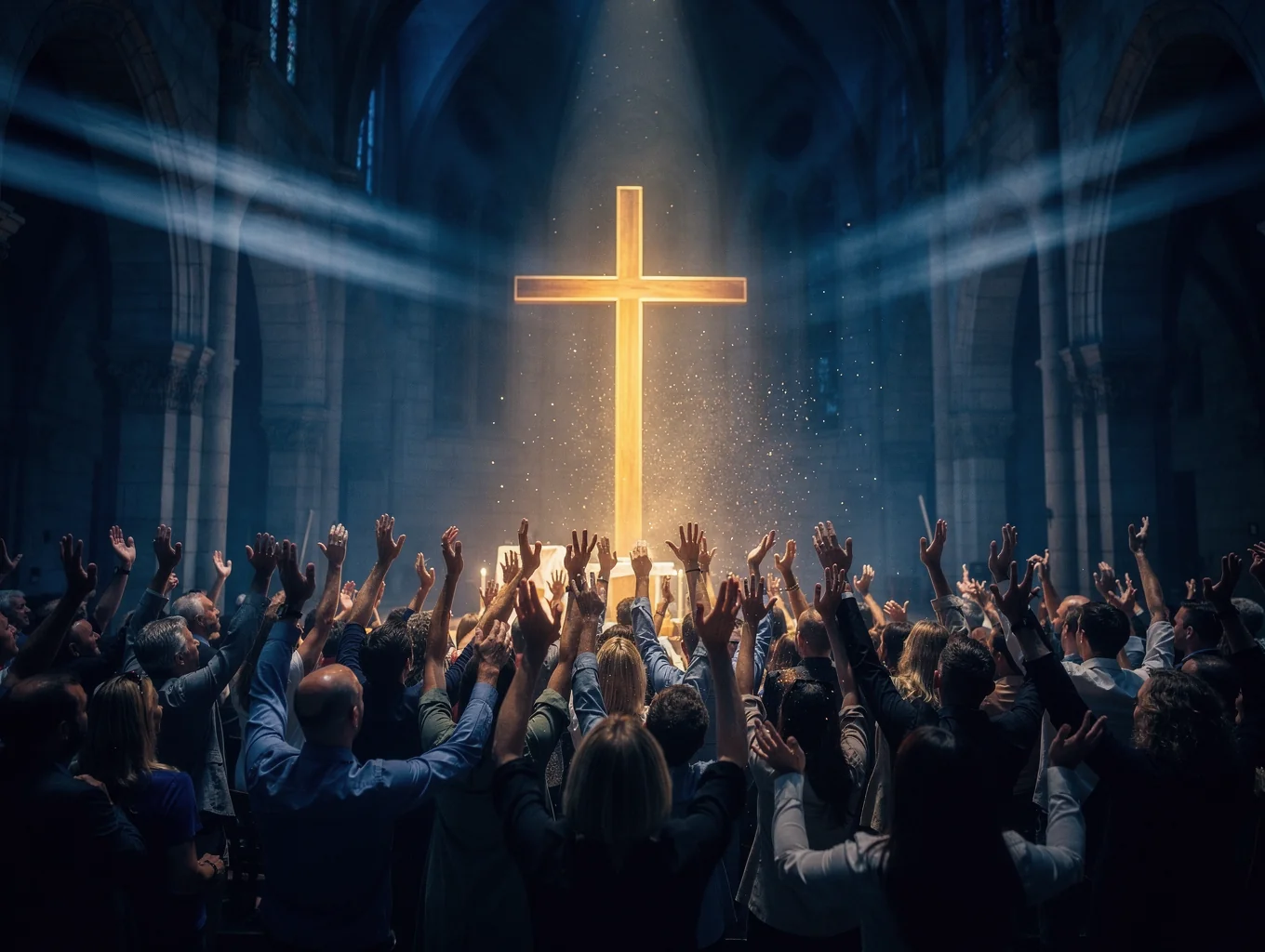 Audience with hands raised in a concert atmosphere